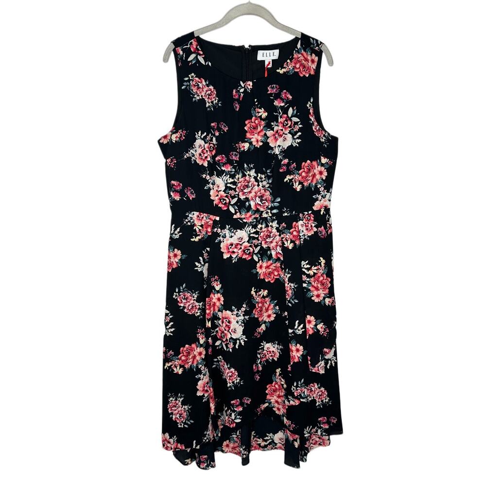 Elle Women's Sleeveless Black Floral Faux Wrap Dress W Pockets Size 14 New